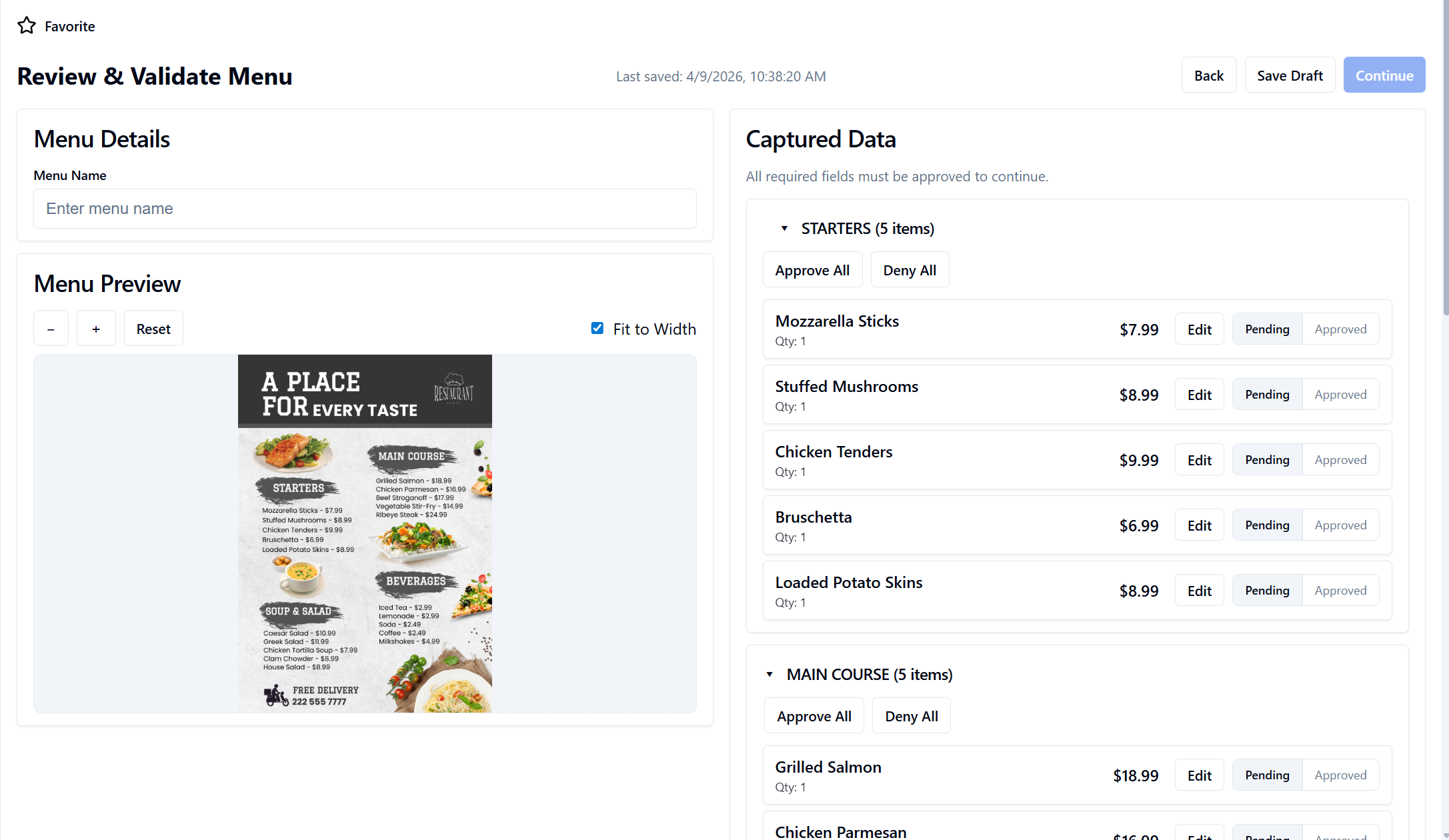 Menu verification
