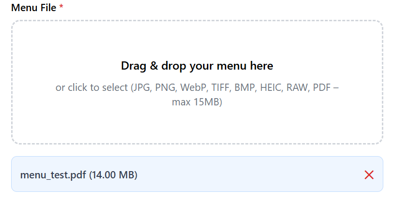 Menu upload screen 2